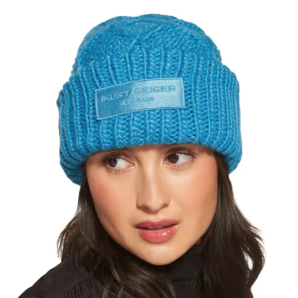 Kurt Geiger London Metallic Knit Cuffed Logo Patch Beanie